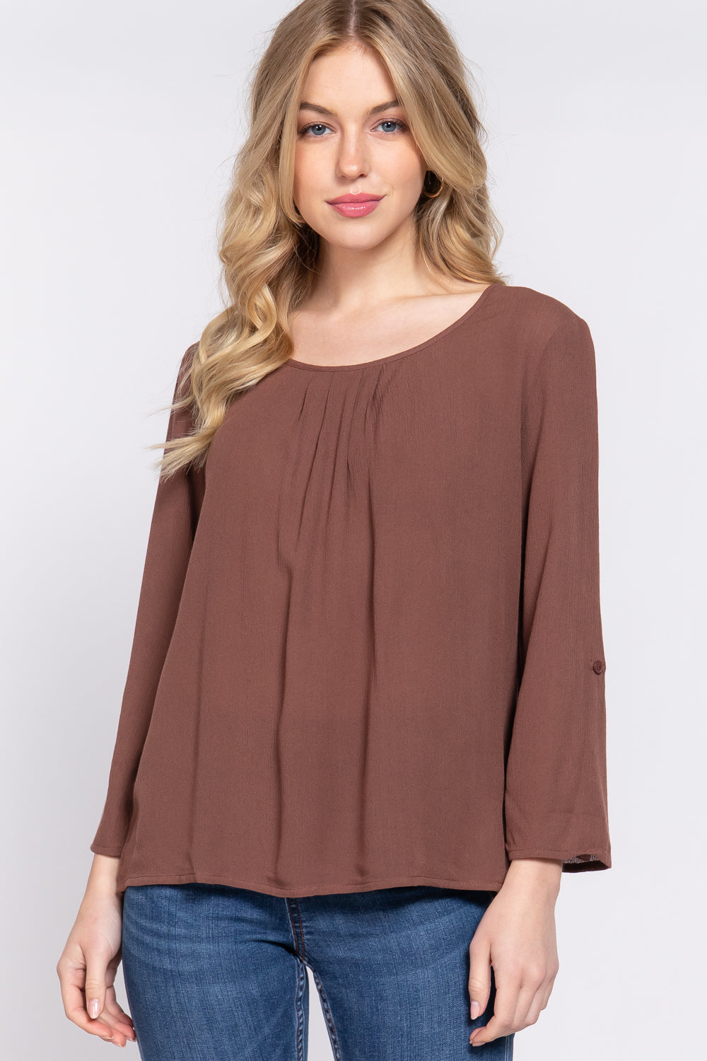 Women's 3/4 Roll Up Sleeve Round Neck Pleated Top Rayon Shirt Blouse - Brown