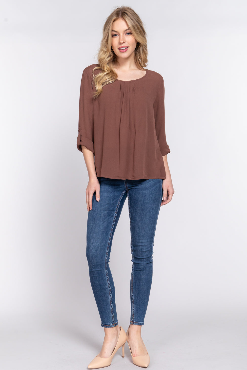 Women's 3/4 Roll Up Sleeve Round Neck Pleated Top Rayon Shirt Blouse - Brown