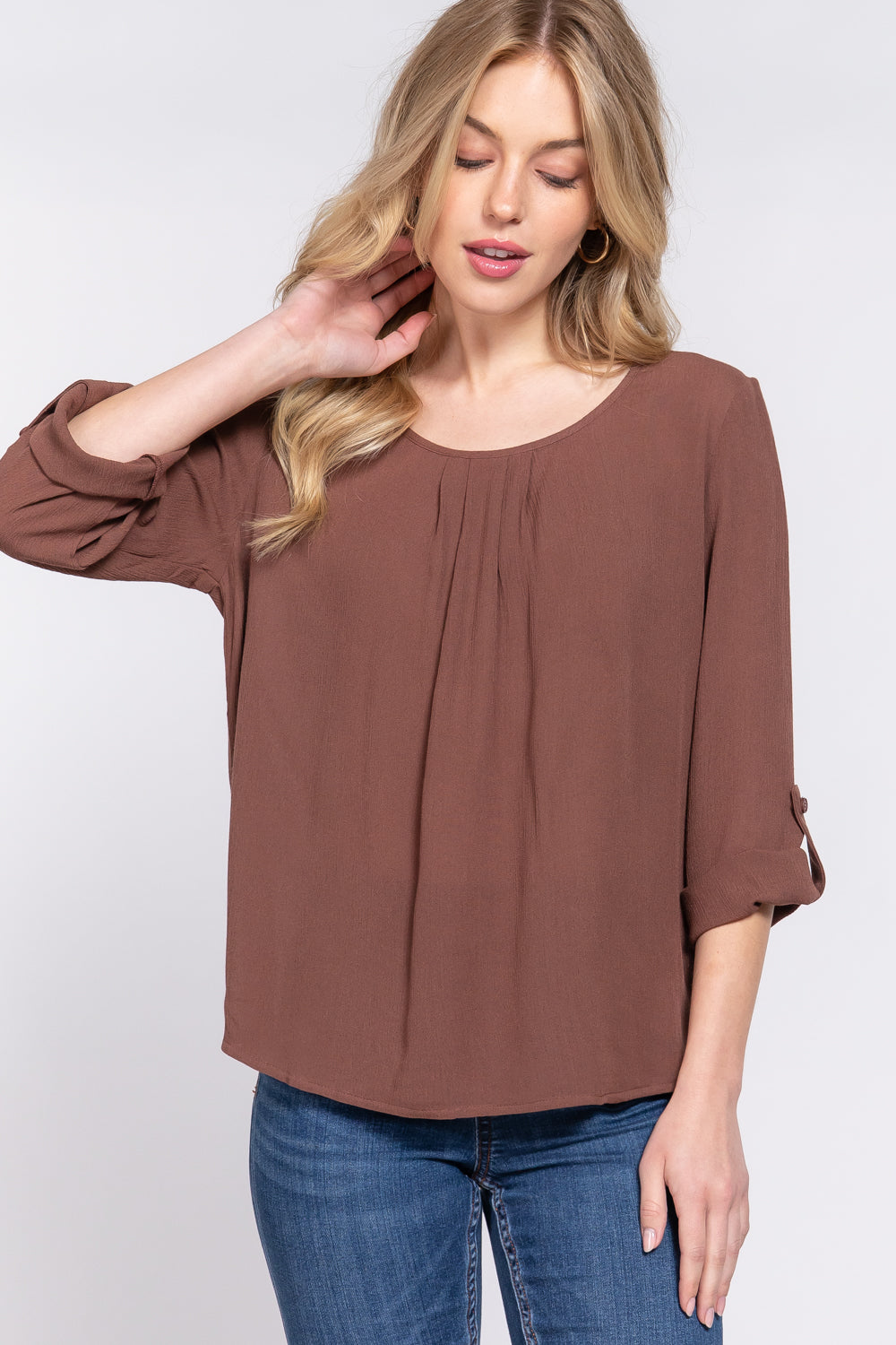 Women's 3/4 Roll Up Sleeve Round Neck Pleated Top Rayon Shirt Blouse - Brown