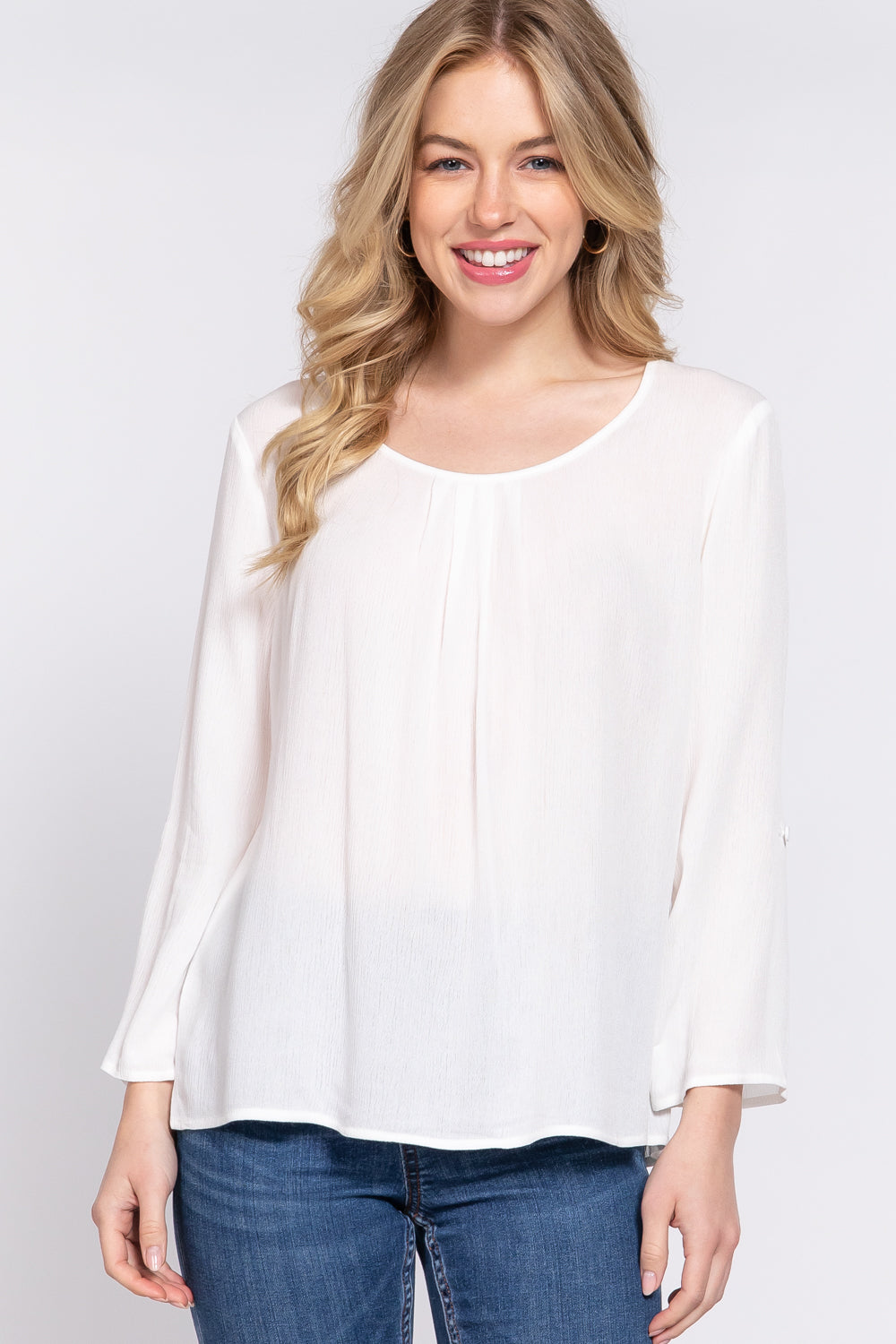 Women's 3/4 Roll Up Sleeve Round Neck Pleated Top Rayon Shirt Blouse - Off White