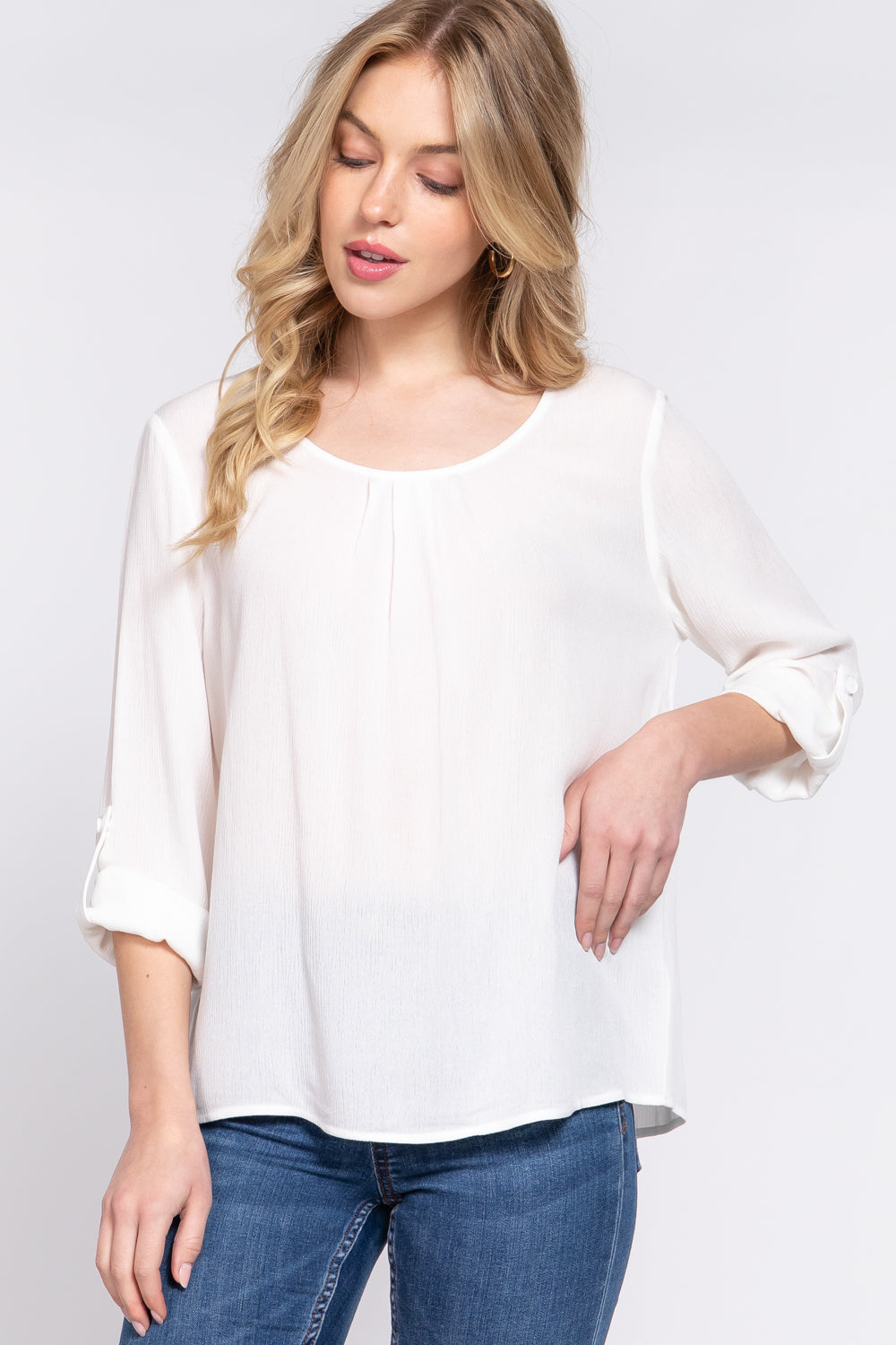 Women's 3/4 Roll Up Sleeve Round Neck Pleated Top Rayon Shirt Blouse - Off White