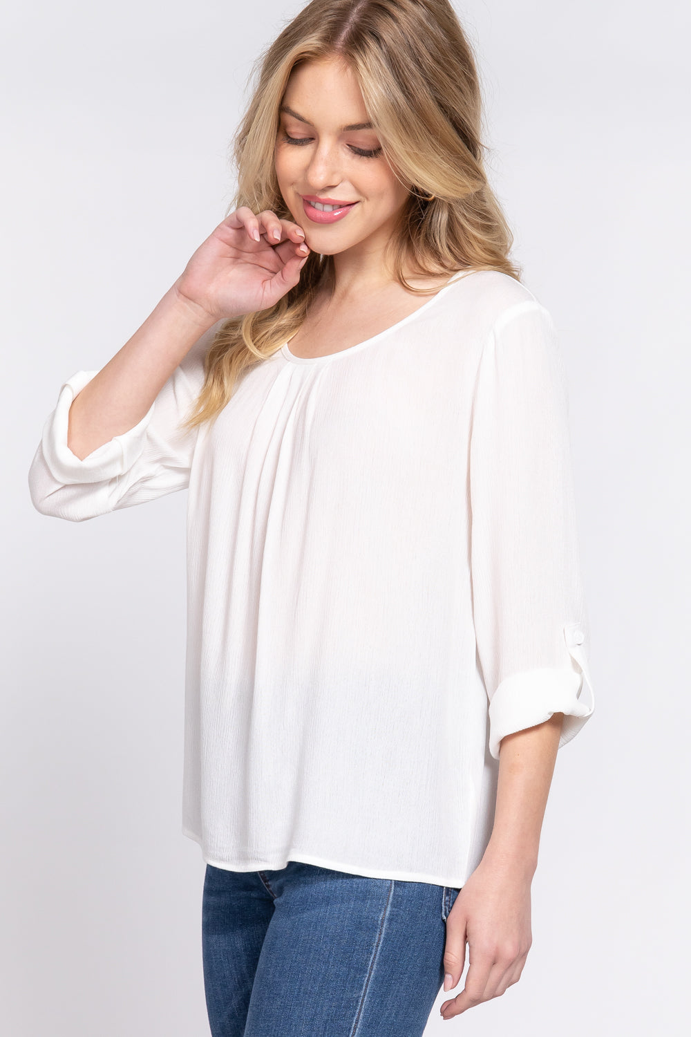 Women's 3/4 Roll Up Sleeve Round Neck Pleated Top Rayon Shirt Blouse - Off White