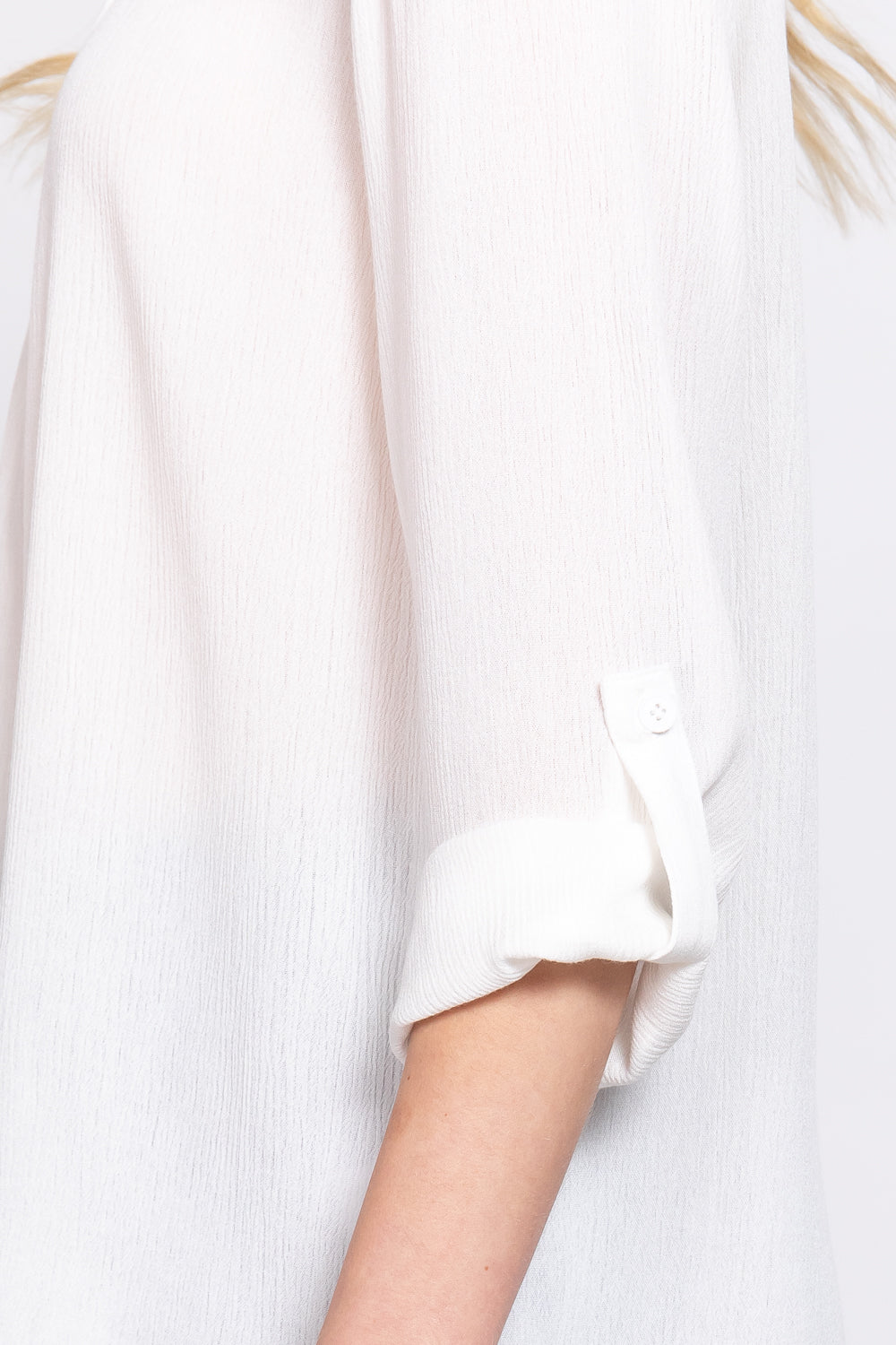 Women's 3/4 Roll Up Sleeve Round Neck Pleated Top Rayon Shirt Blouse - Off White