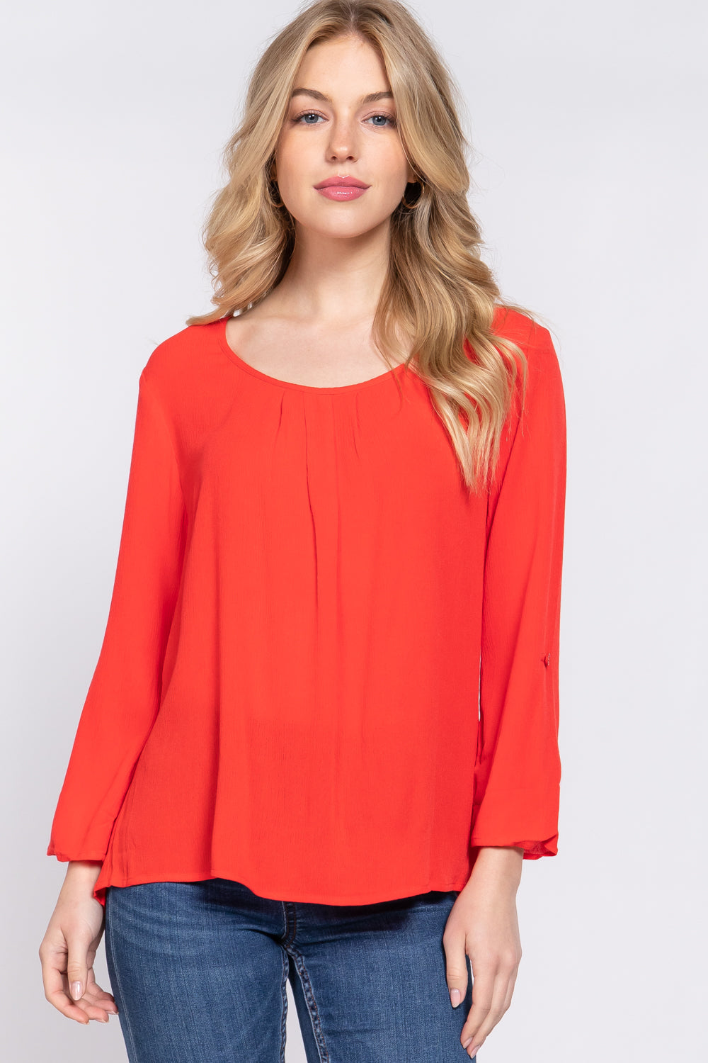 Women's 3/4 Roll Up Sleeve Round Neck Pleated Top Rayon Shirt Blouse - Red
