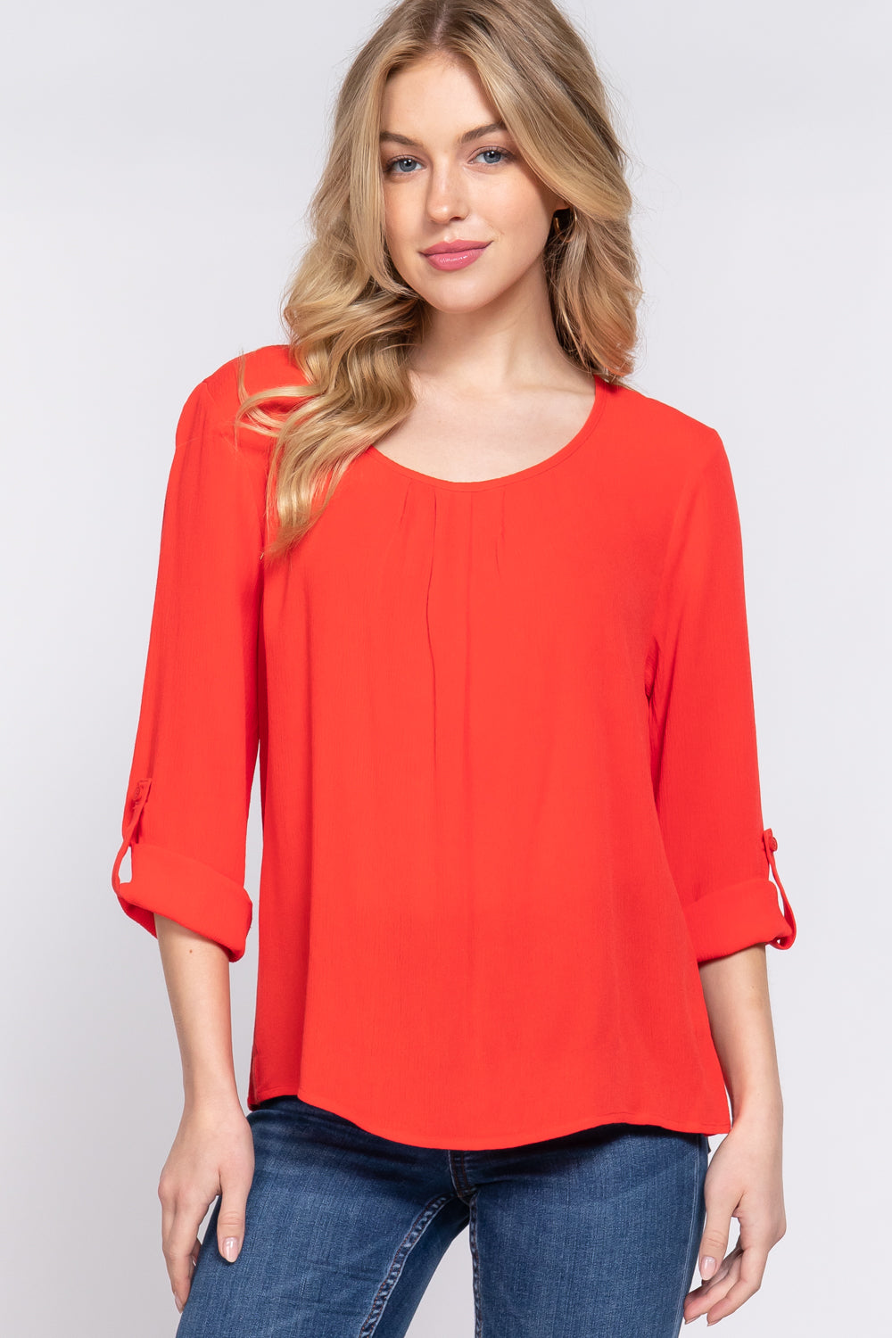 Women's 3/4 Roll Up Sleeve Round Neck Pleated Top Rayon Shirt Blouse - Red