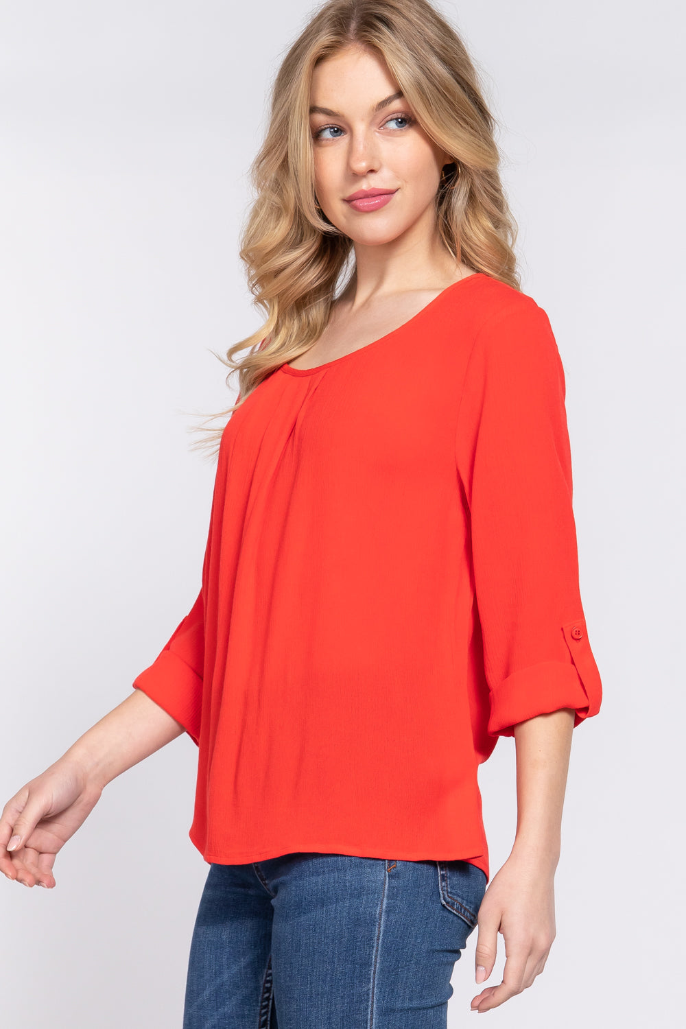 Women's 3/4 Roll Up Sleeve Round Neck Pleated Top Rayon Shirt Blouse - Red