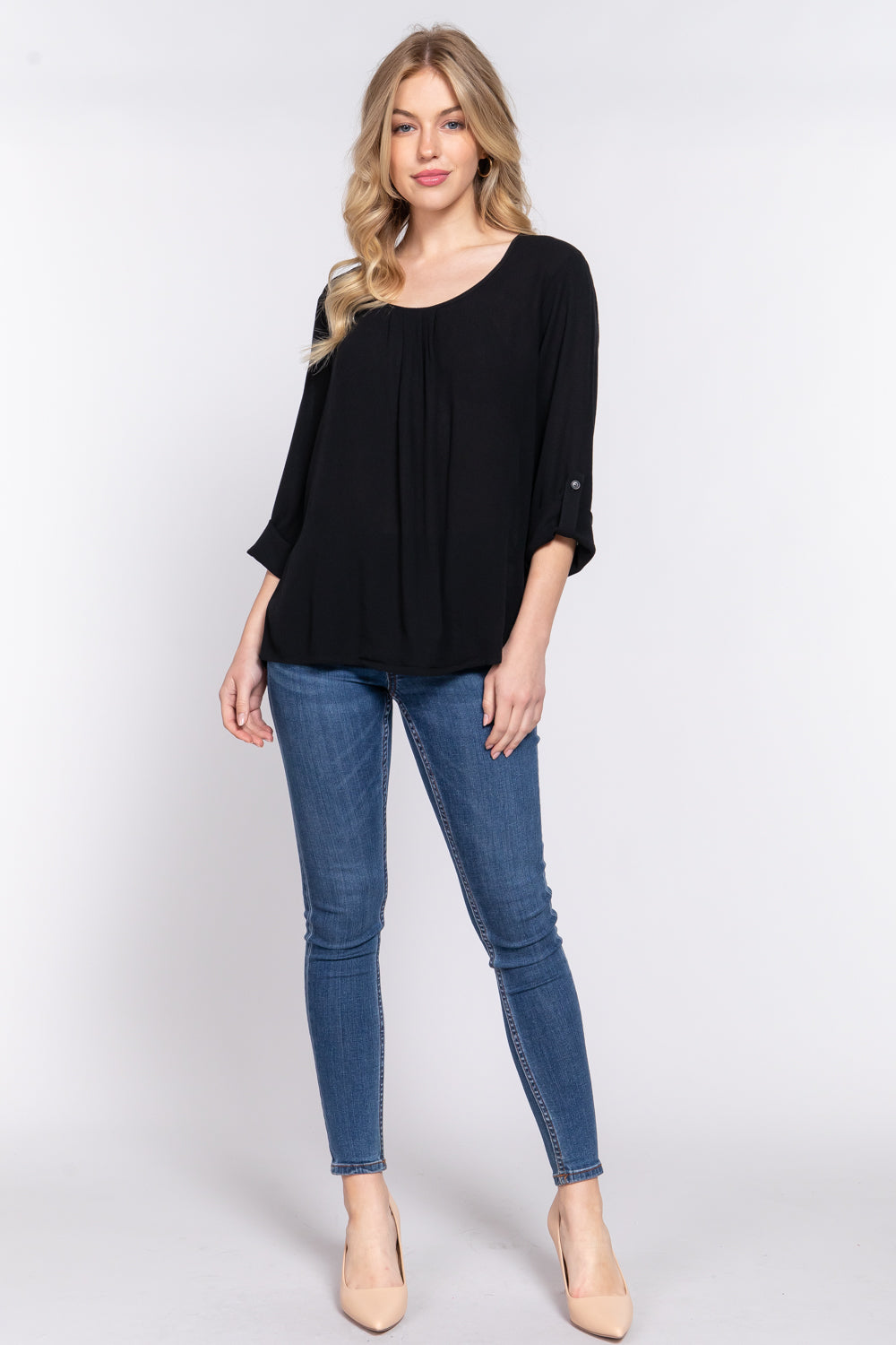 Women's 3/4 Roll Up Sleeve Round Neck Pleated Top Rayon Shirt Blouse - Black