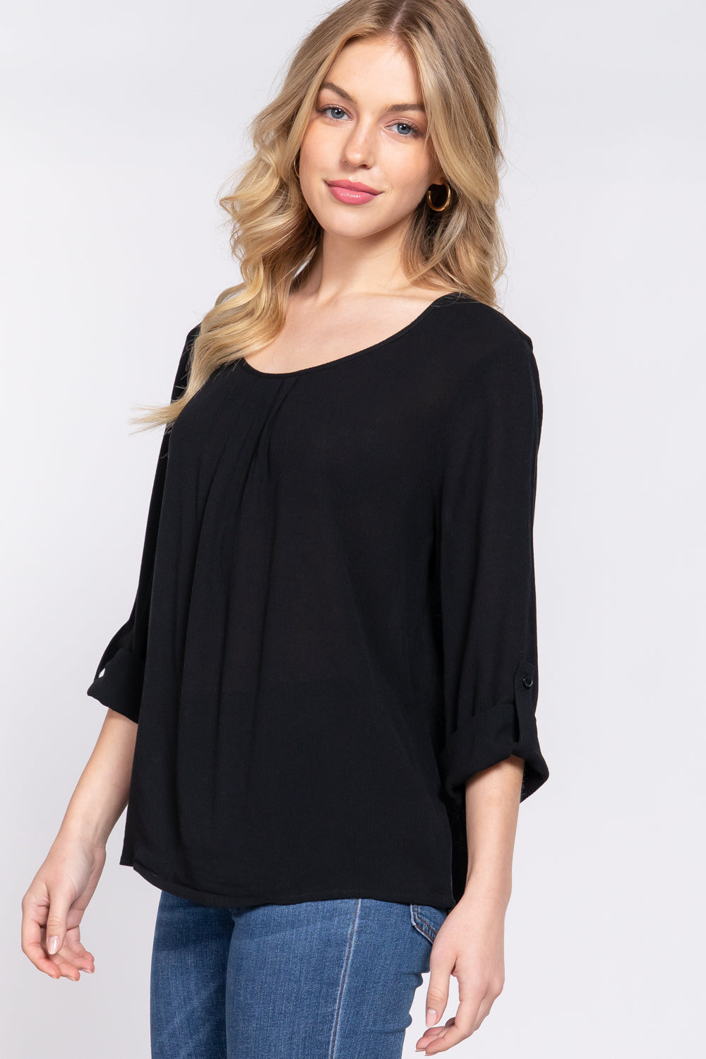 Women's 3/4 Roll Up Sleeve Round Neck Pleated Top Rayon Shirt Blouse - Black