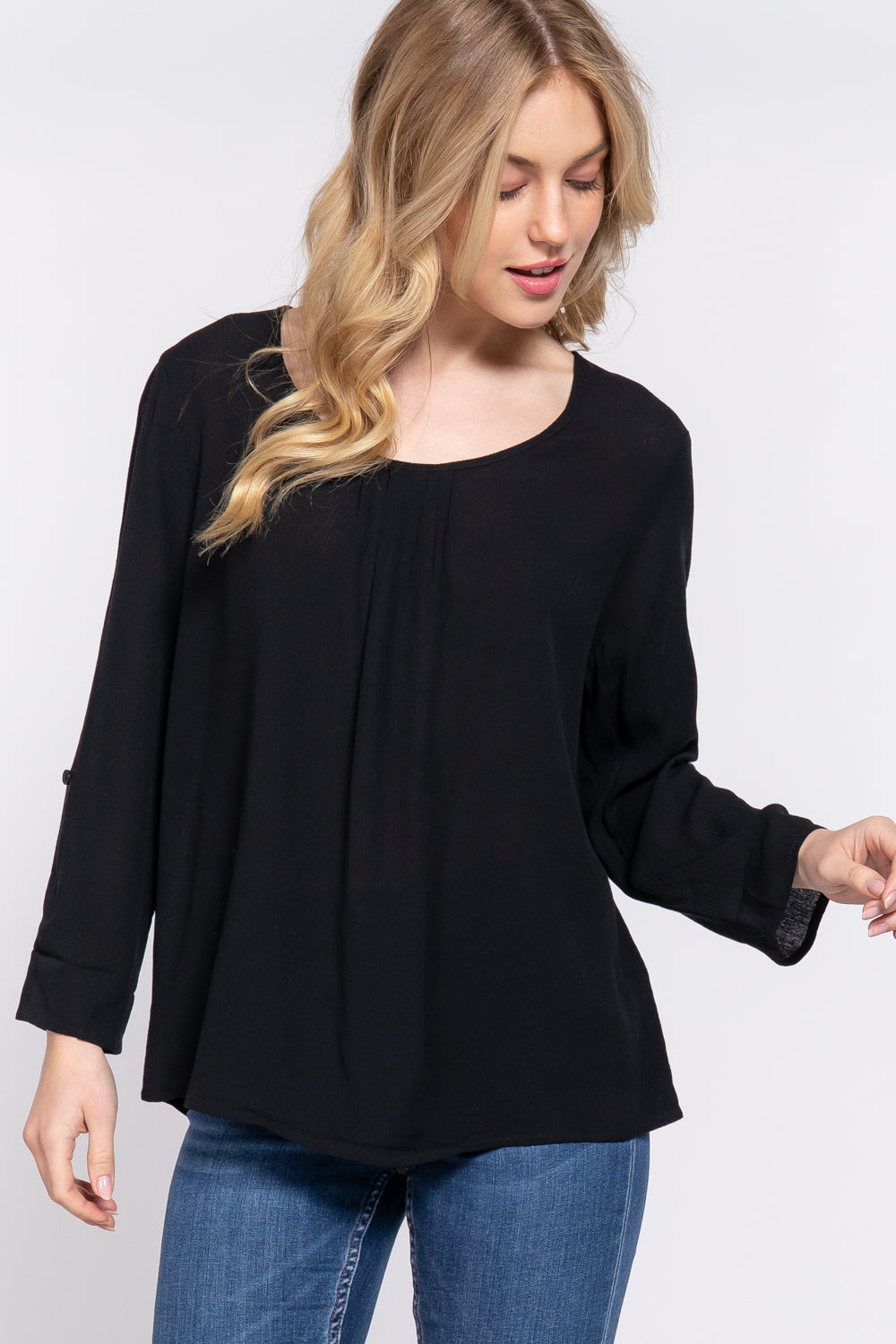 Women's 3/4 Roll Up Sleeve Round Neck Pleated Top Rayon Shirt Blouse - Black