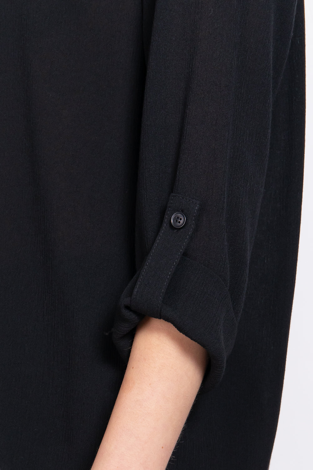 Women's 3/4 Roll Up Sleeve Round Neck Pleated Top Rayon Shirt Blouse - Black