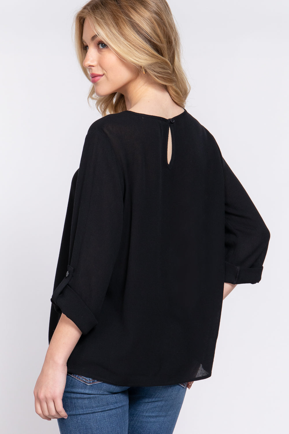 Women's 3/4 Roll Up Sleeve Round Neck Pleated Top Rayon Shirt Blouse - Black