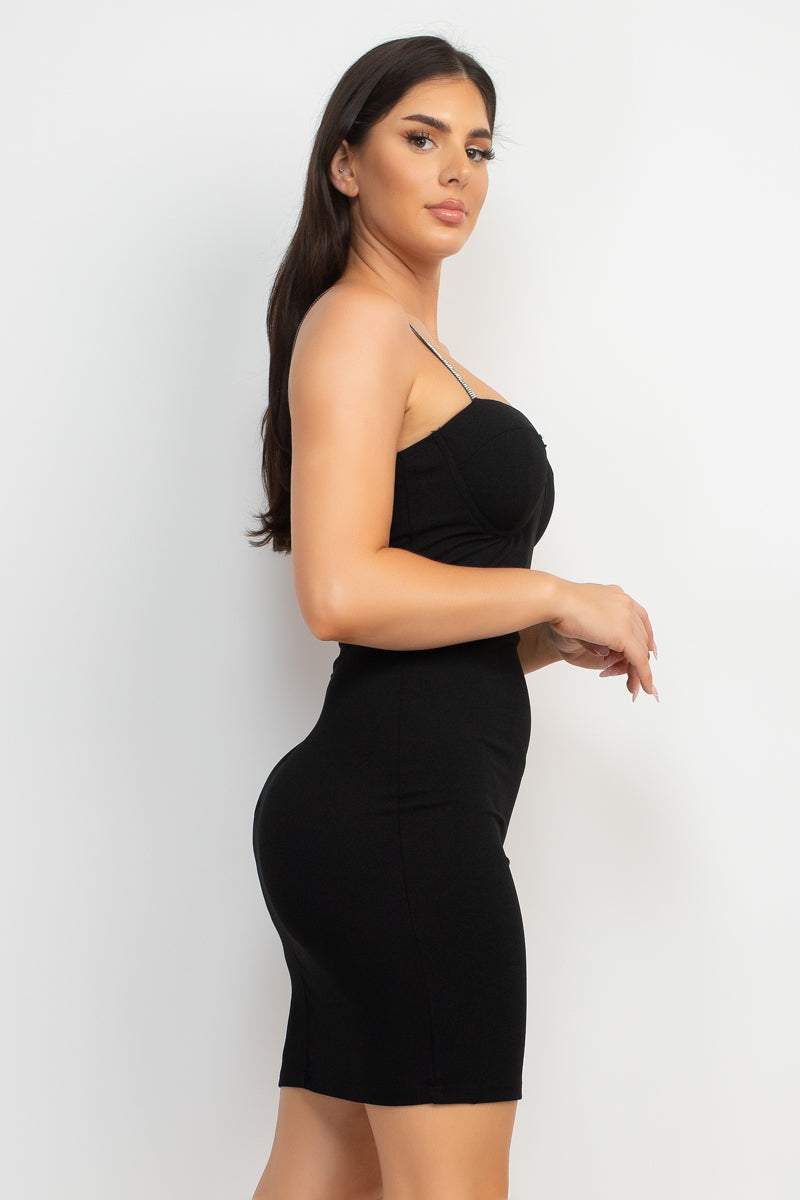 Women's Bodycon Rhinestone Strap Bustier Top Sweetheart Cropped Hem Mini Dress