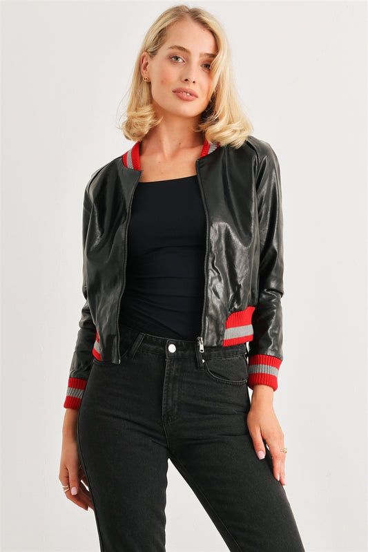 Women's Black Vegan Leather Ribbed Hem Crew Neck Zipper Bomber Rider Moto Jacket