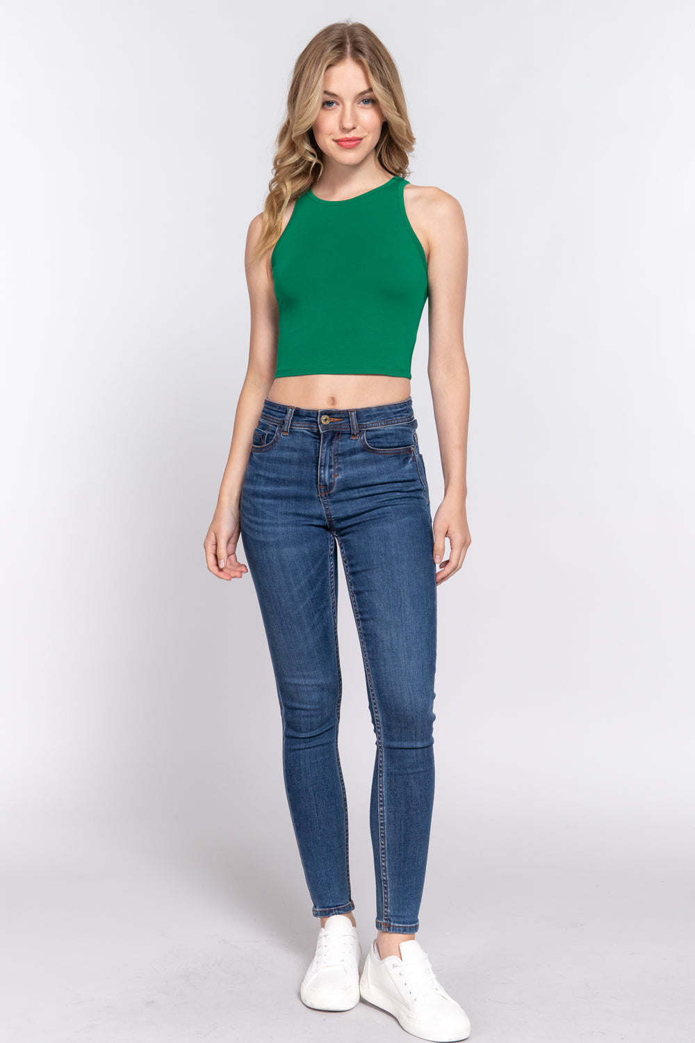 Women's Halter Neck Cropped Tank Top Casual Sleeveless - Deep Green