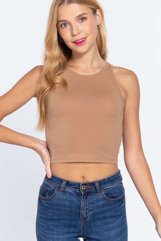 Women's Halter Neck Cropped Tank Top Casual Sleeveless - Natural Tan