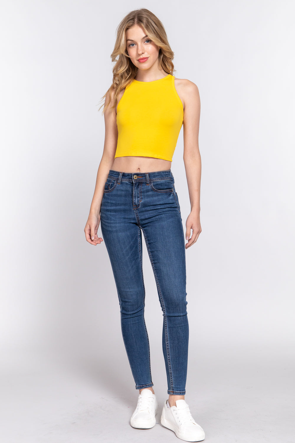 Women's Halter Neck Cropped Tank Top Casual Sleeveless - Yellow