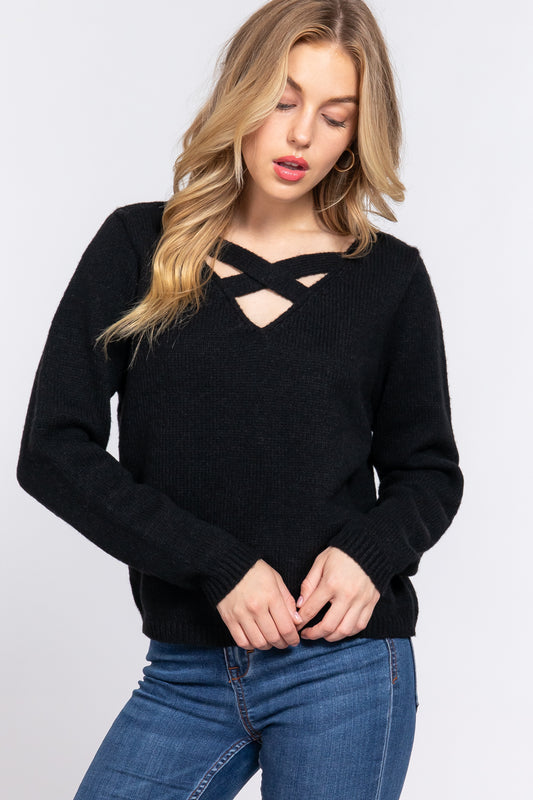 Long Sleeve X Strap V-neck Pullover Soft Sweater - Black