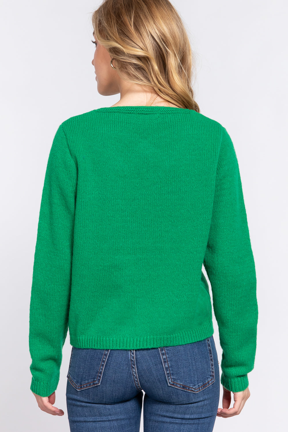 Long Sleeve X Strap V-neck Pullover Soft Sweater - Green