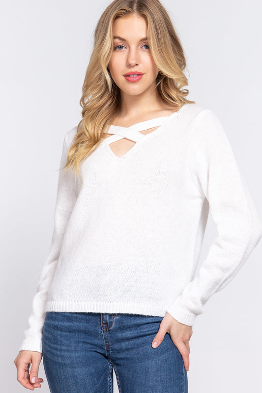 Long Sleeve X Strap V-neck Pullover Soft Sweater - Off White