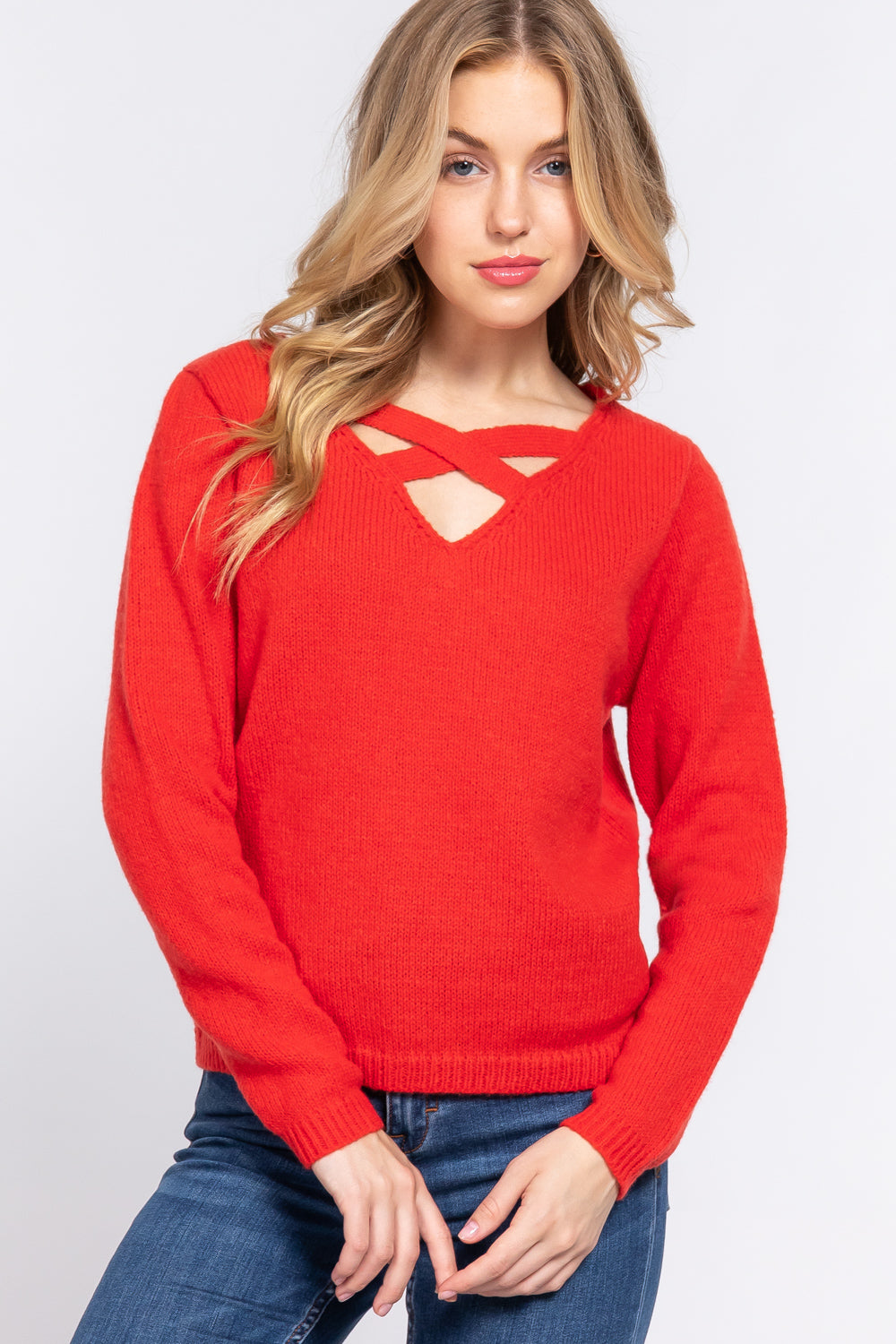 Long Sleeve X Strap V-neck Pullover Soft Sweater - Orange