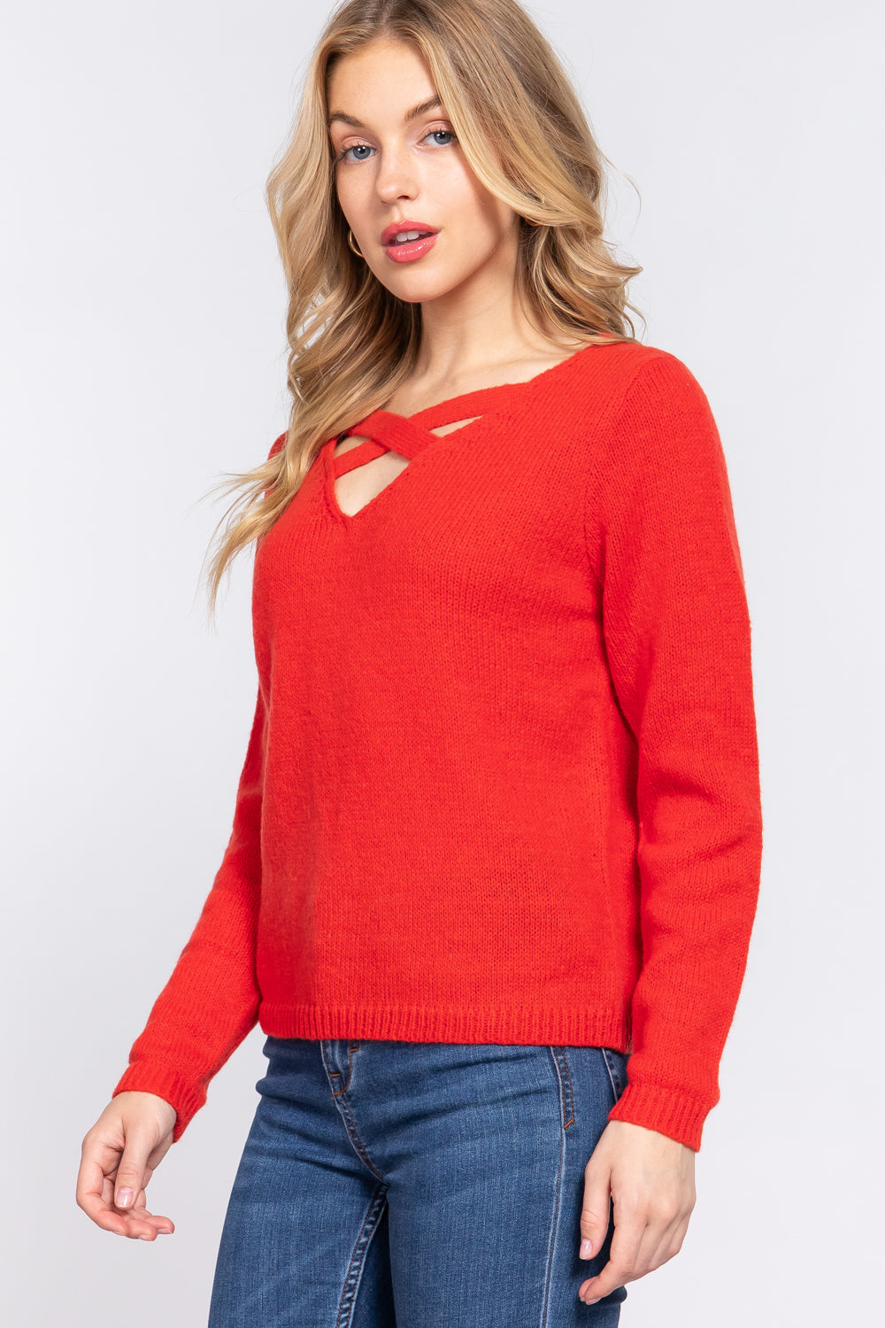 Long Sleeve X Strap V-neck Pullover Soft Sweater - Orange
