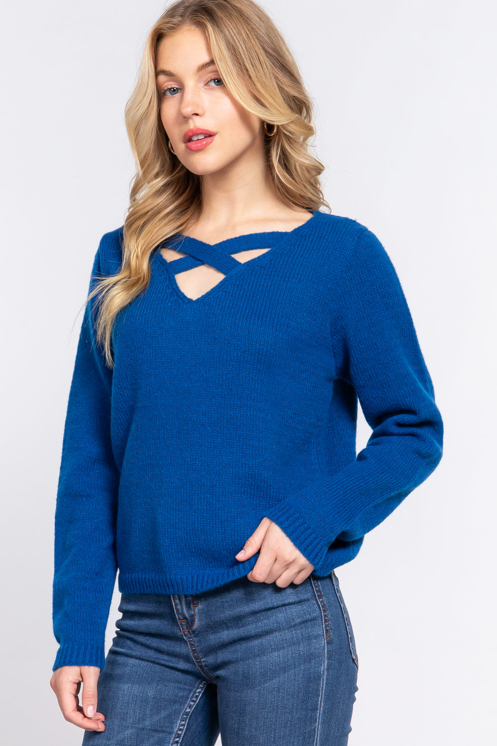 Long Sleeve X Strap V-neck Pullover Soft Sweater - Teal Blue