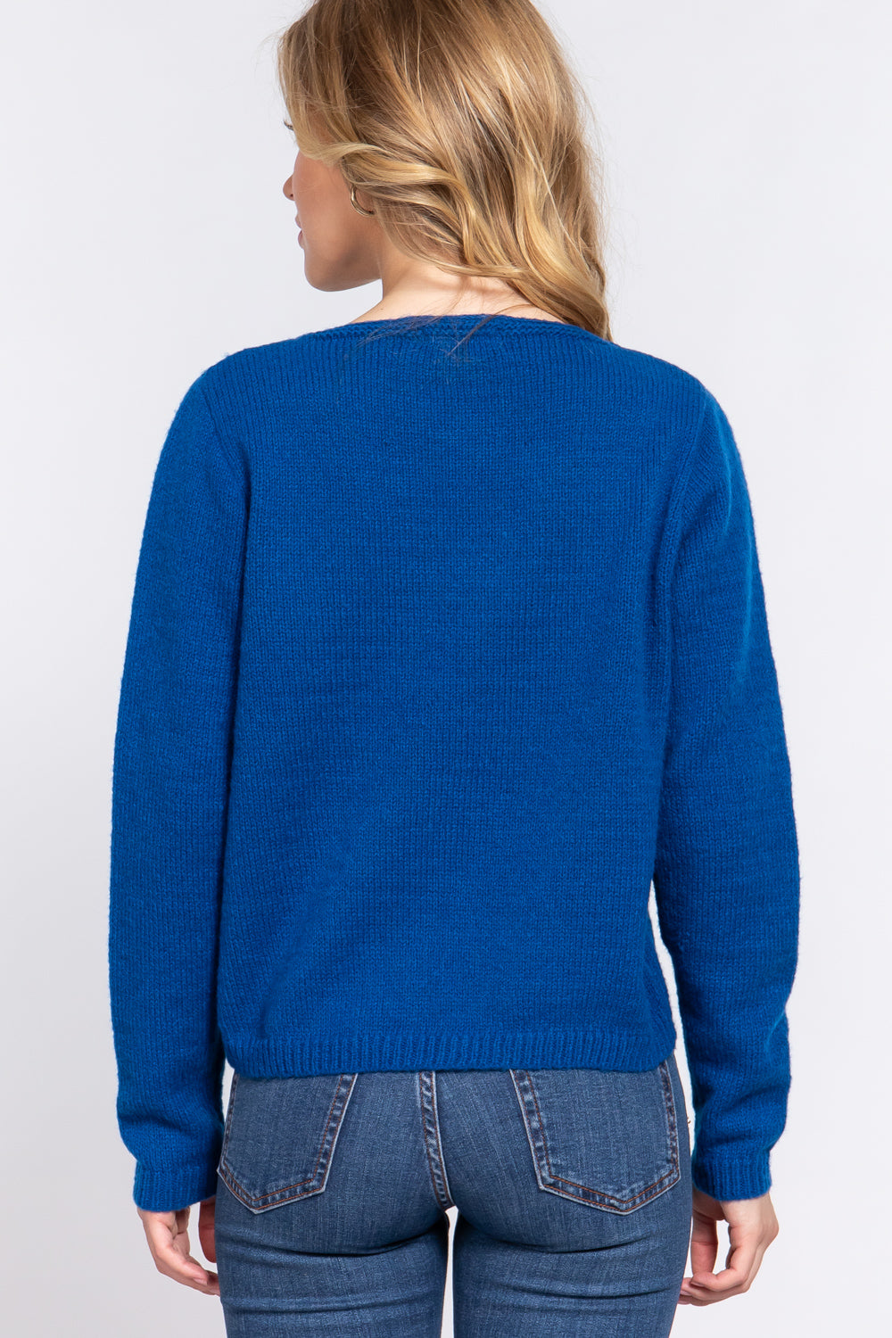 Long Sleeve X Strap V-neck Pullover Soft Sweater - Teal Blue