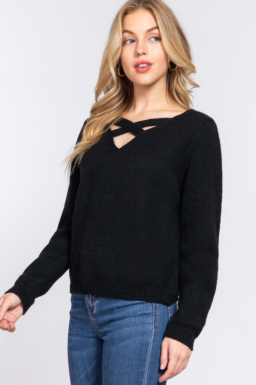 Long Sleeve X Strap V-neck Pullover Soft Sweater - Black