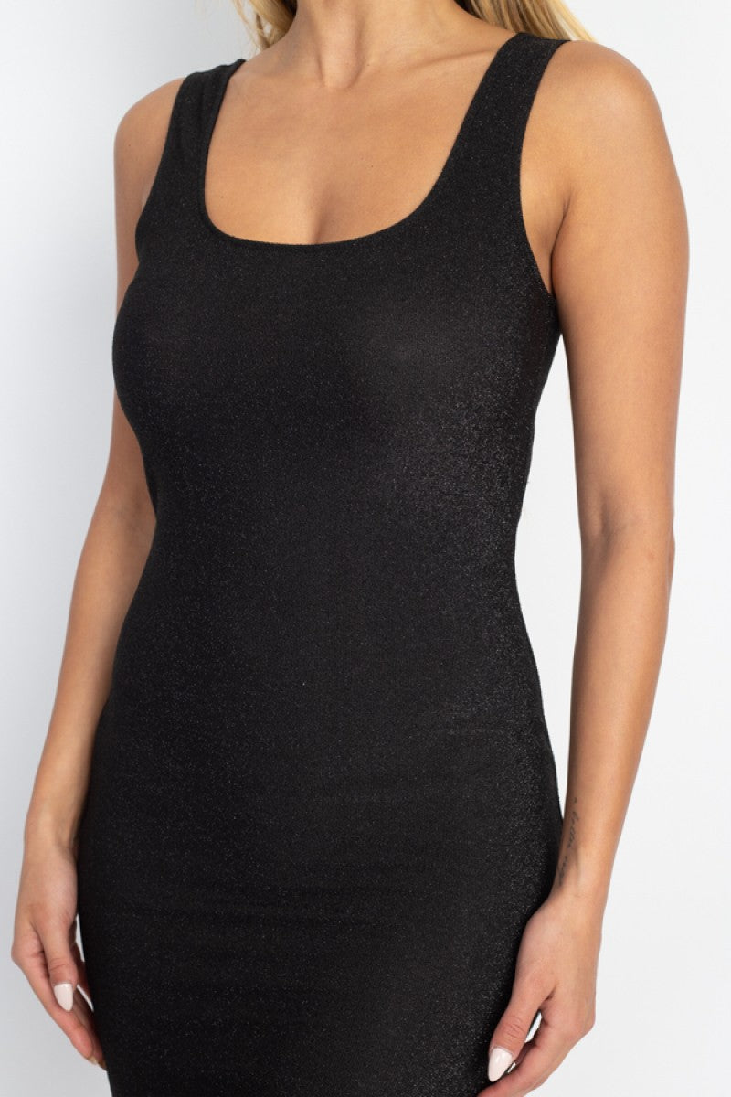 Women's Metallic Knit Scallop Neck Tank Top Sleeveless Bodycon Mini Dress