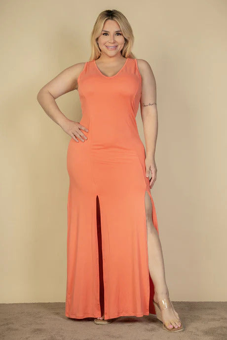 Women's Plus Plunge V-Neck Thigh Split Maxi Dress Soft Stretch Bodycon Tank Top