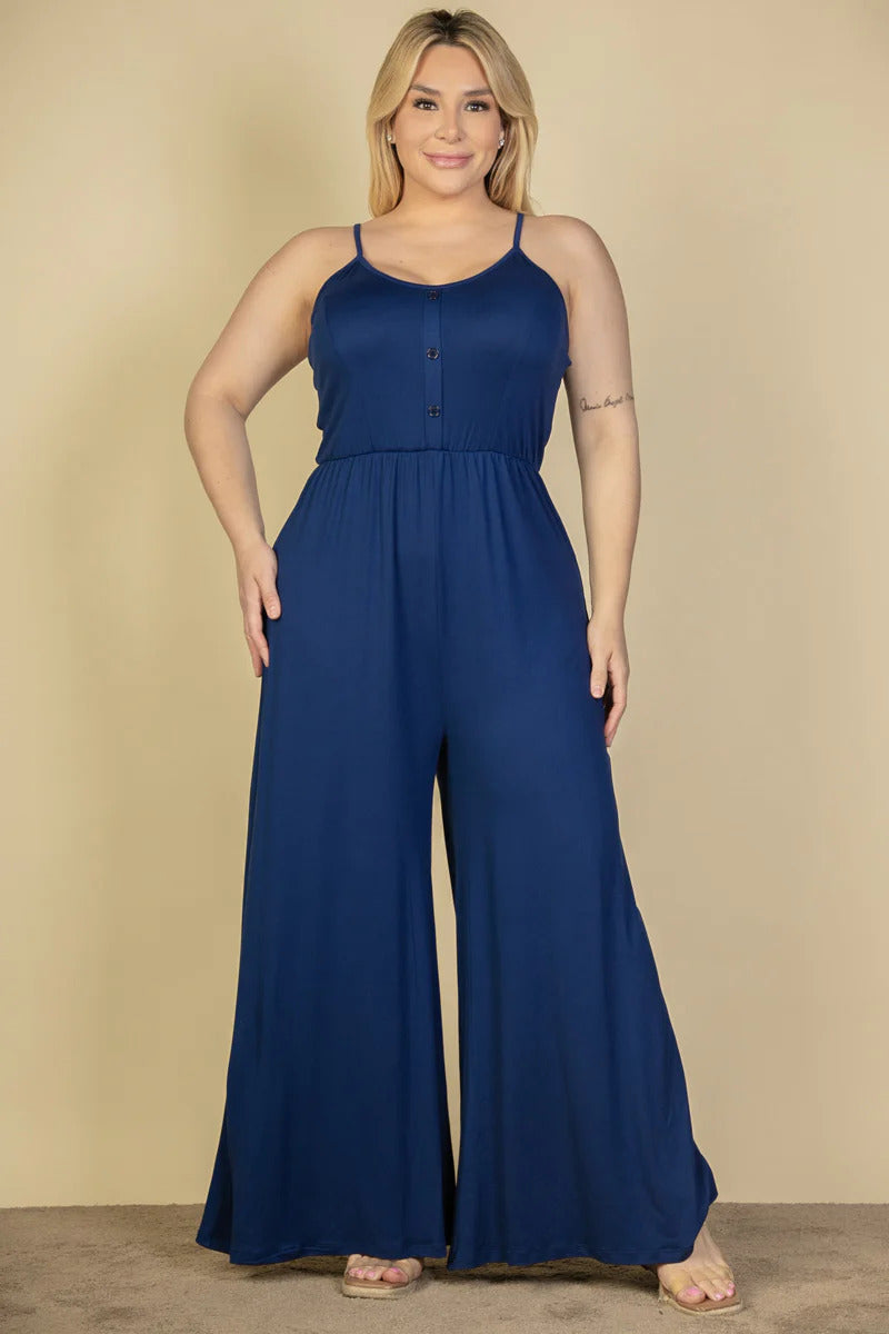 Women Scoop Neck Cami Jumpsuit Sleeveless Wide Leg Button Soft Lounge (1X,2X,3X)