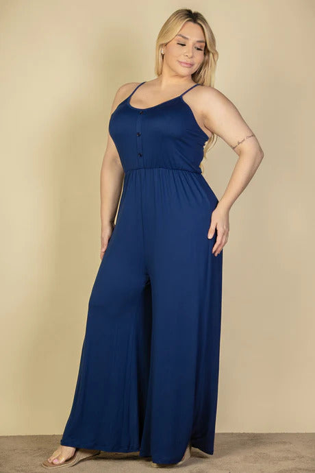 Women Scoop Neck Cami Jumpsuit Sleeveless Wide Leg Button Soft Lounge (1X,2X,3X)
