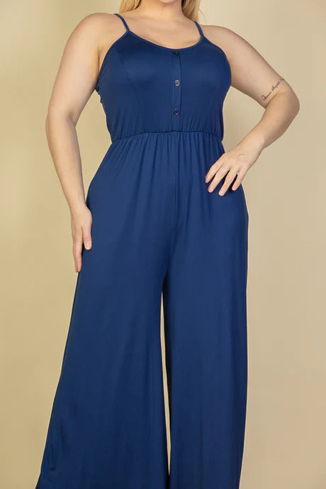 Women Scoop Neck Cami Jumpsuit Sleeveless Wide Leg Button Soft Lounge (1X,2X,3X)