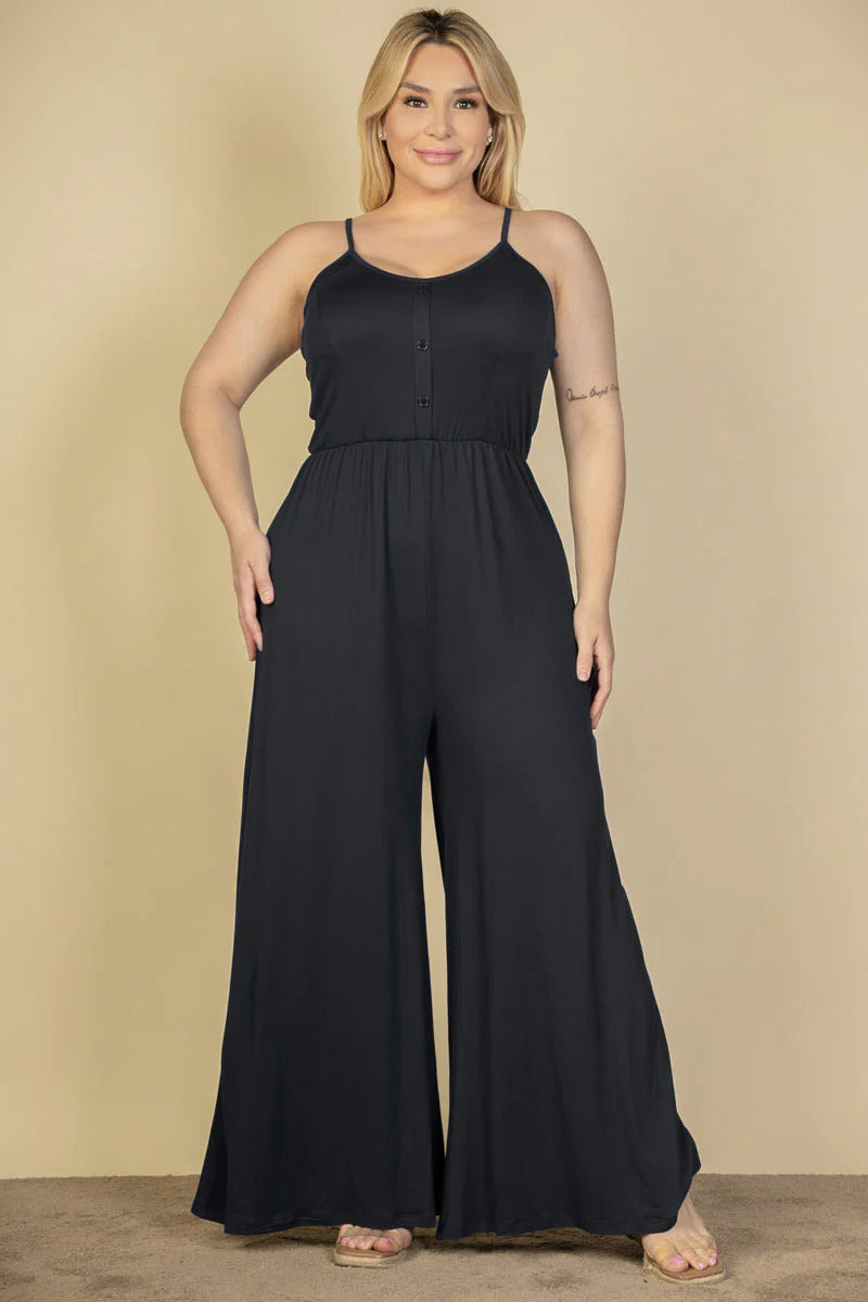 Women Scoop Neck Cami Jumpsuit Sleeveless Wide Leg Button Soft Lounge (1X,2X,3X)