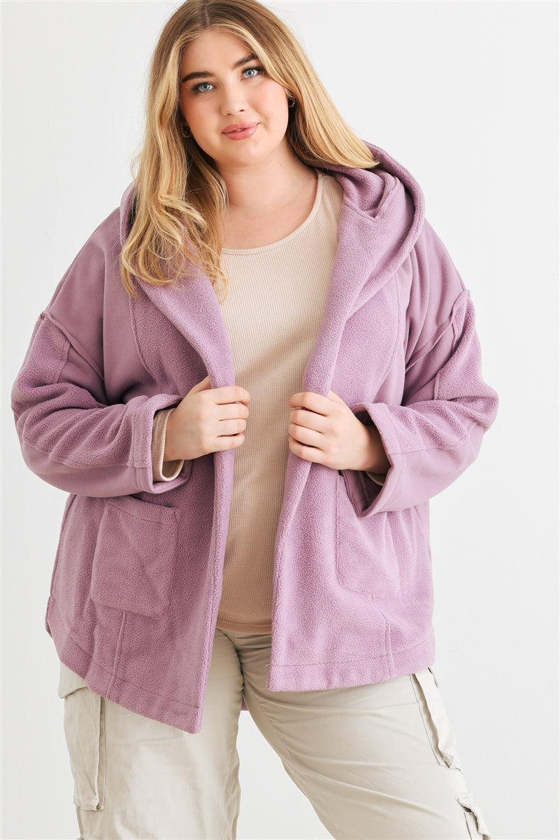 Women's Plus Open Front Long Sleeves Warm Soft Hoodie Cardigan Pockets Jacket