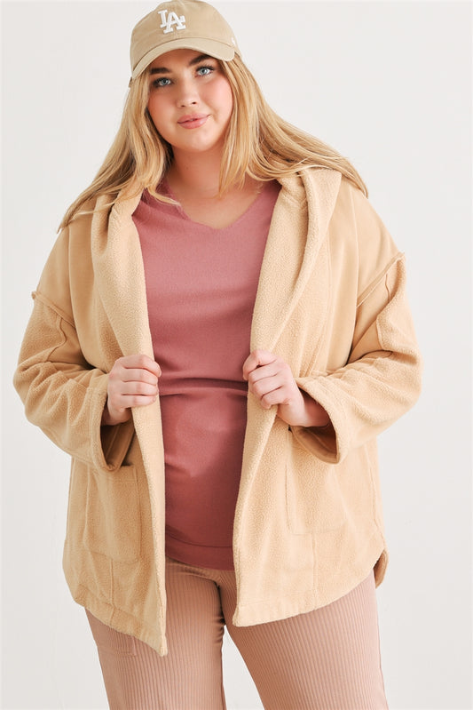 Women's Plus Open Front Long Sleeves Warm Soft Hoodie Cardigan Pockets Jacket
