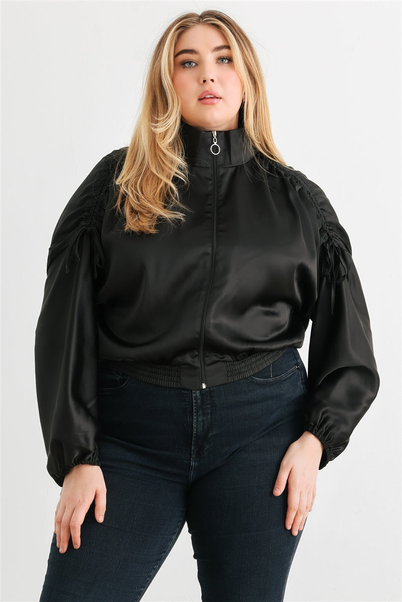 Women Plus Cropped Bomber Jacket Satin Zip-up Ruched Mock Neck Dropped Shoulder