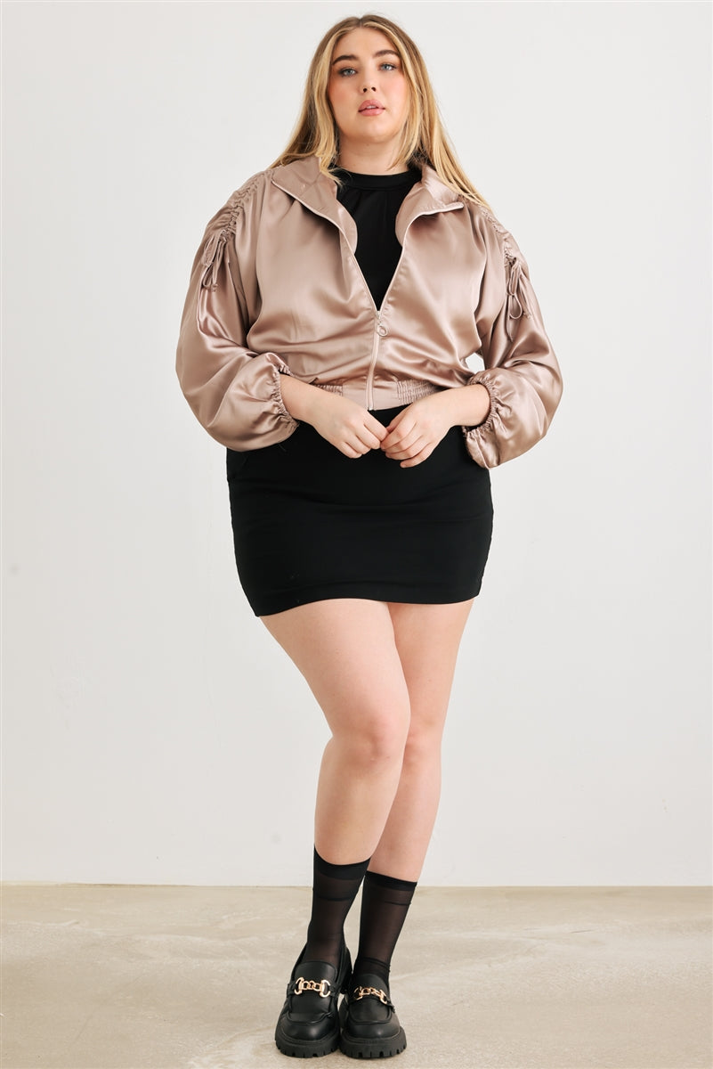 Women Plus Cropped Bomber Jacket Satin Zip-up Ruched Mock Neck Dropped Shoulder