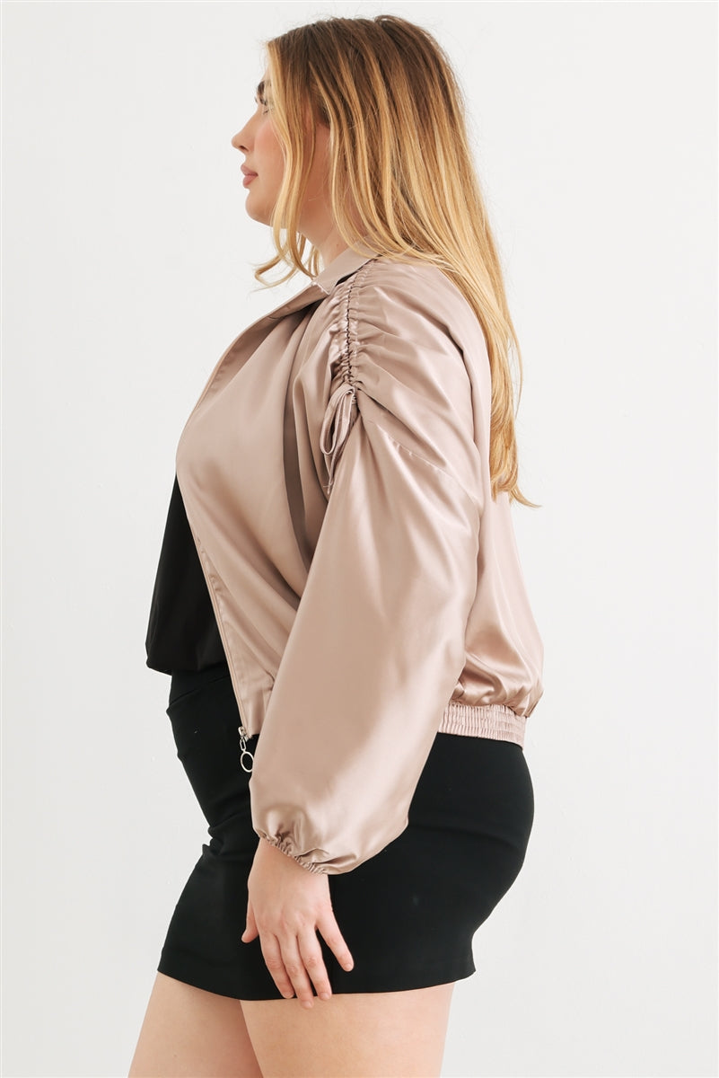 Women Plus Cropped Bomber Jacket Satin Zip-up Ruched Mock Neck Dropped Shoulder