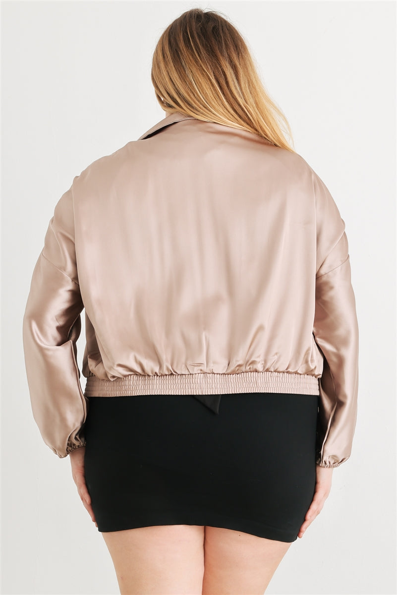 Women Plus Cropped Bomber Jacket Satin Zip-up Ruched Mock Neck Dropped Shoulder