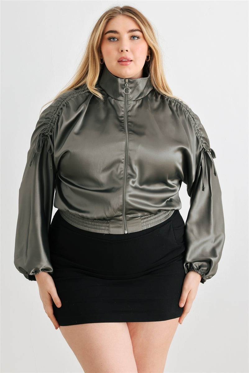 Women Plus Cropped Bomber Jacket Satin Zip-up Ruched Mock Neck Dropped Shoulder