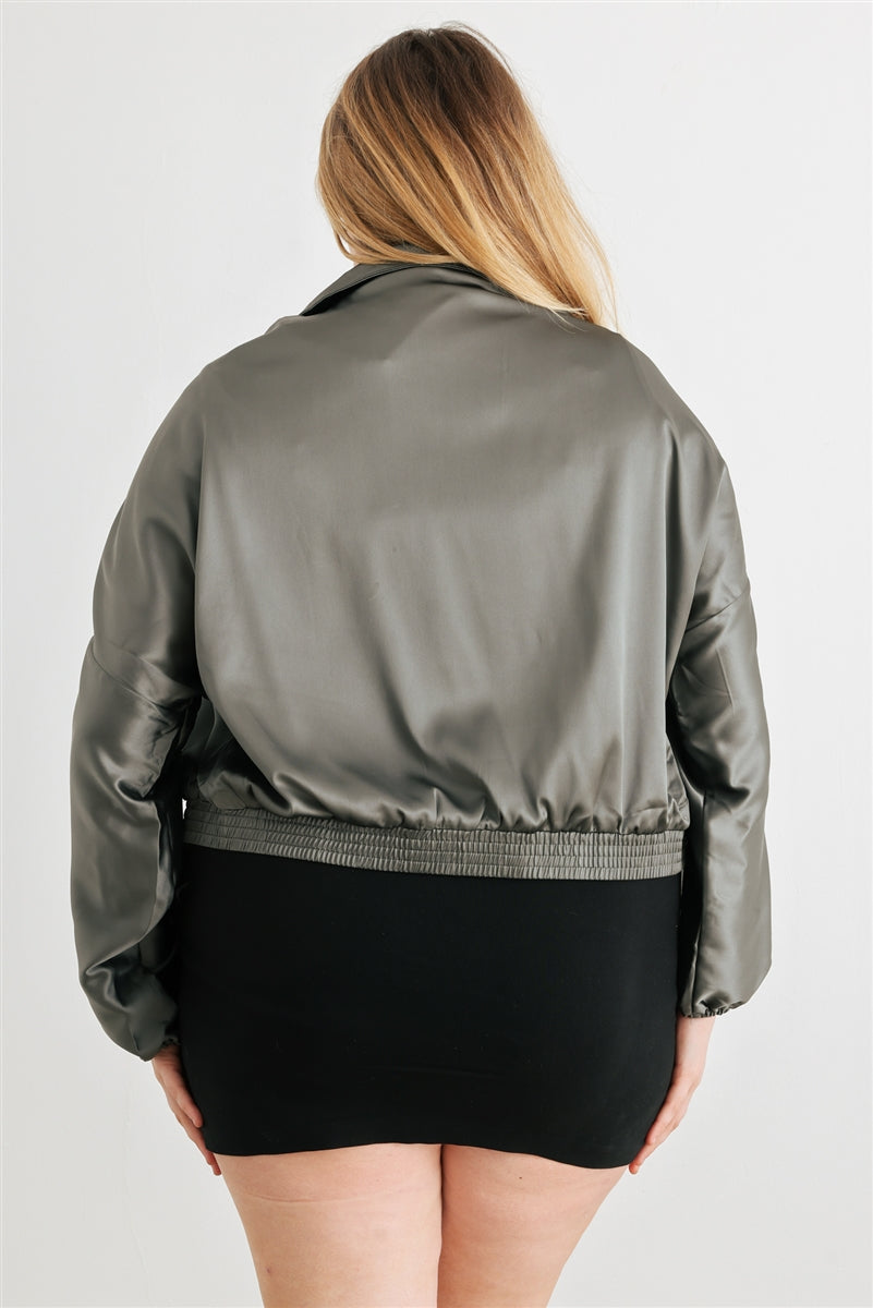 Women Plus Cropped Bomber Jacket Satin Zip-up Ruched Mock Neck Dropped Shoulder