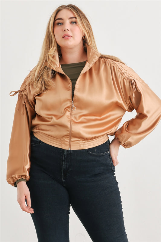 Women Plus Cropped Bomber Jacket Satin Zip-up Ruched Mock Neck Dropped Shoulder