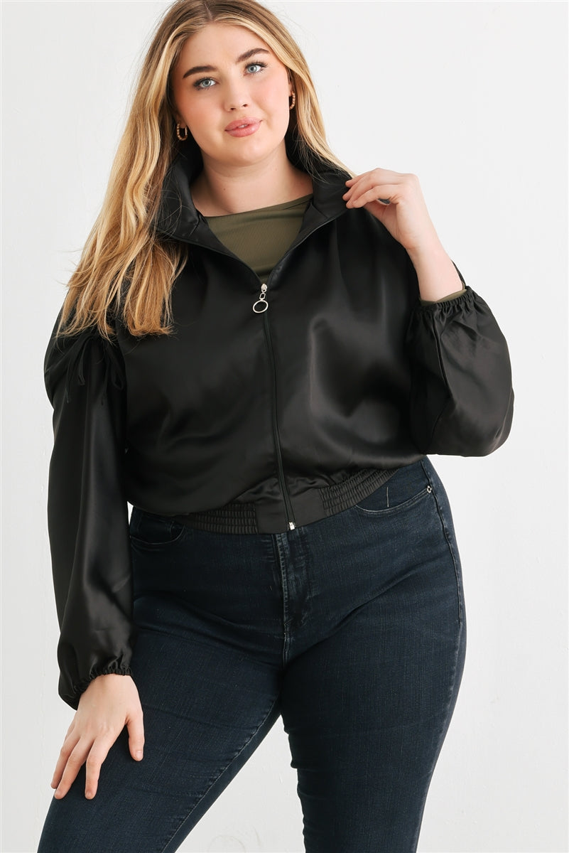 Women Plus Cropped Bomber Jacket Satin Zip-up Ruched Mock Neck Dropped Shoulder