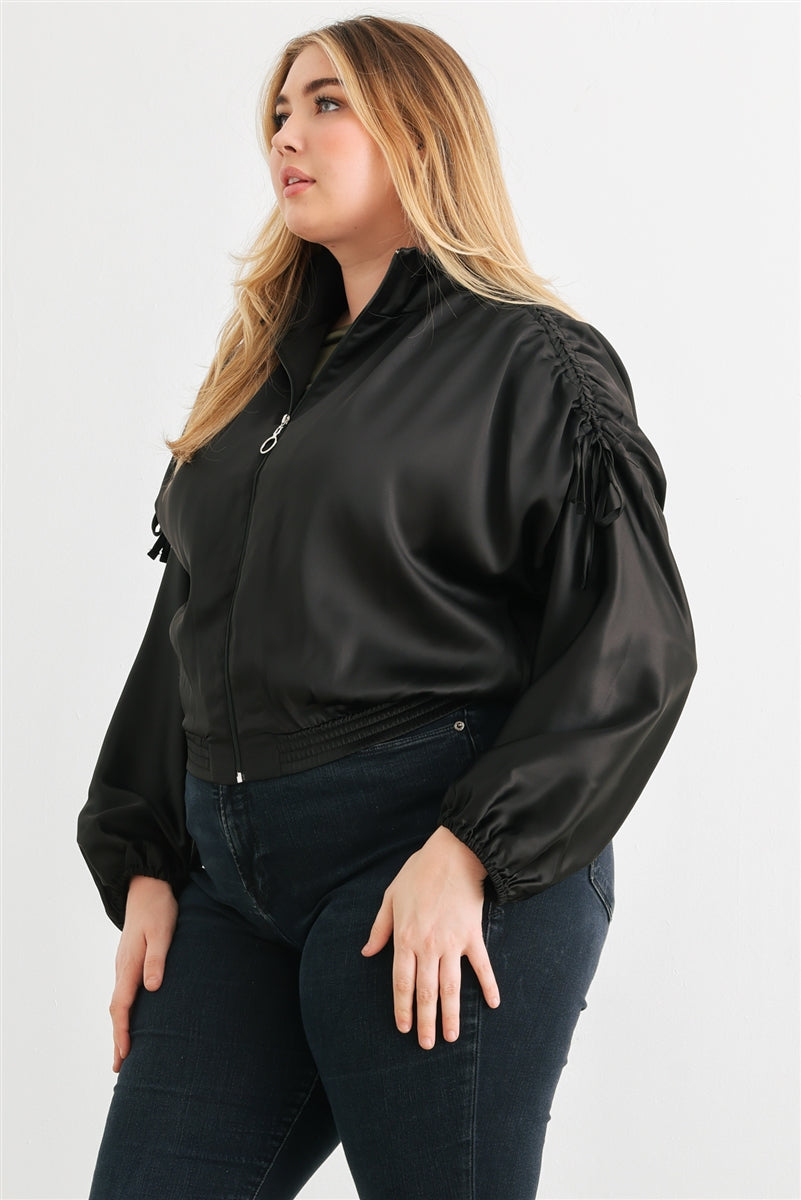 Women Plus Cropped Bomber Jacket Satin Zip-up Ruched Mock Neck Dropped Shoulder