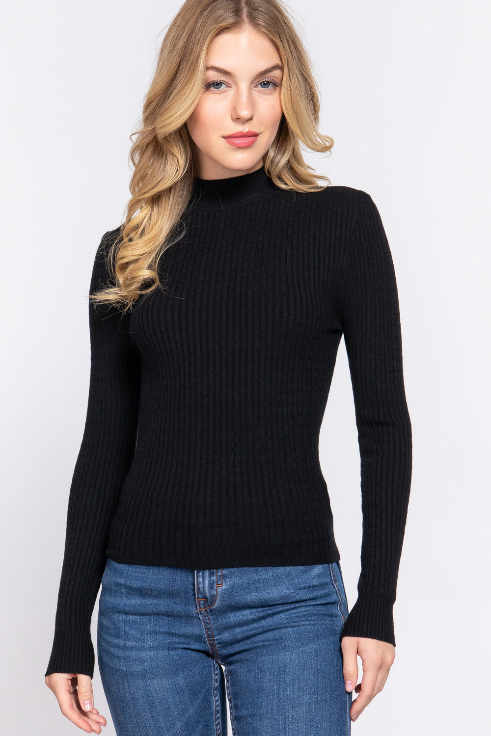Women's Long Sleeve Mock Neck Rib Soft Sweater - Black
