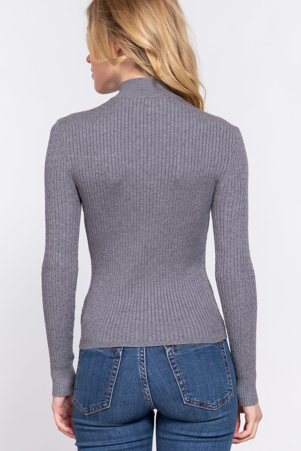 Women's Long Sleeve Mock Neck Rib Soft Sweater - Charcoal Grey