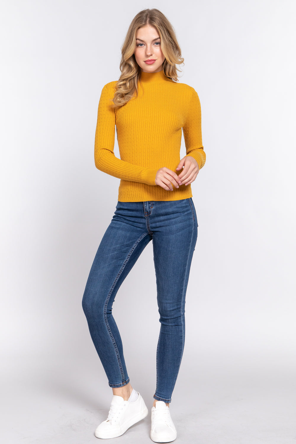 Women's Long Sleeve Mock Neck Rib Soft Sweater - Deep Mustard