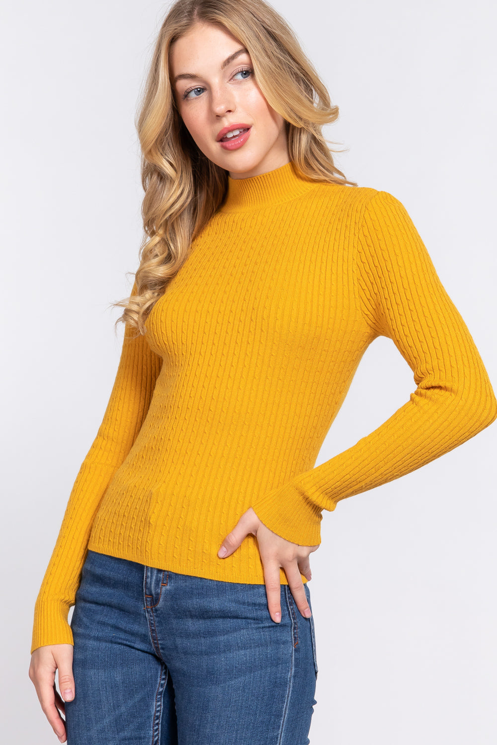 Women's Long Sleeve Mock Neck Rib Soft Sweater - Deep Mustard