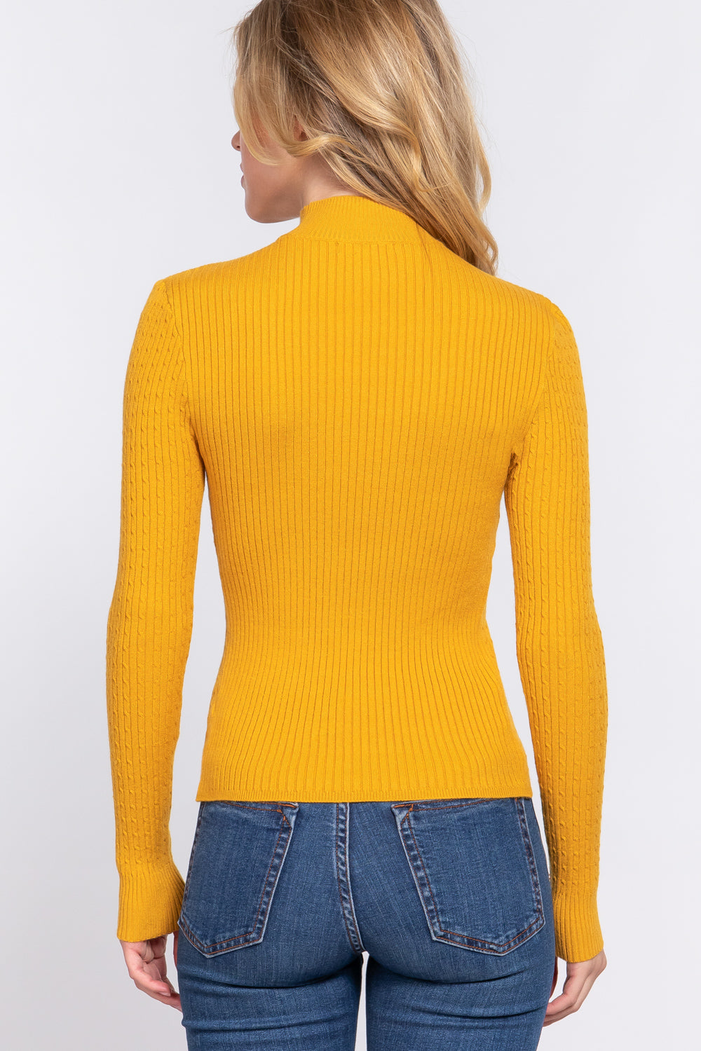Women's Long Sleeve Mock Neck Rib Soft Sweater - Deep Mustard